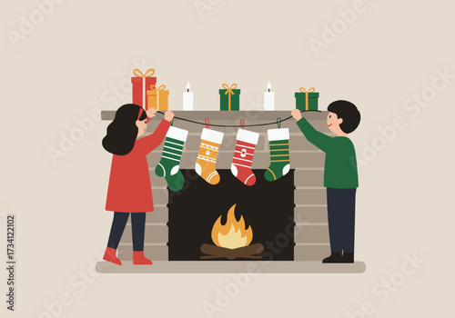 Children decorating christmas stockings by the fireplace festive holiday scene cozy indoor setting joyful atmosphere