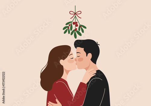 Couple kissing under mistletoe holiday celebration digital cozy home warm atmosphere romance