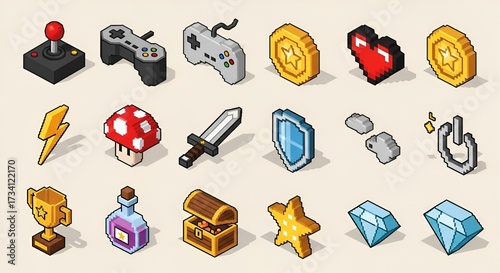 Isometric pixel art game assets featuring controllers coins and various other game related items