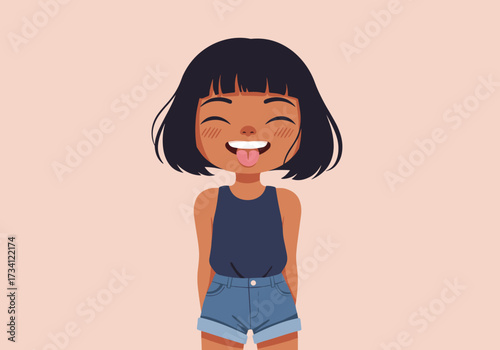 Playful girl laughing digital whimsical style background cheerful mood