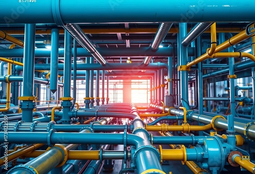 Network of interconnected oil pipes, industrial setting,  distribution,  steel