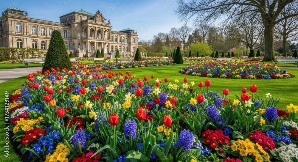 Obraz premium Formal garden with colorful tulips and hyacinths, a stately building in the background