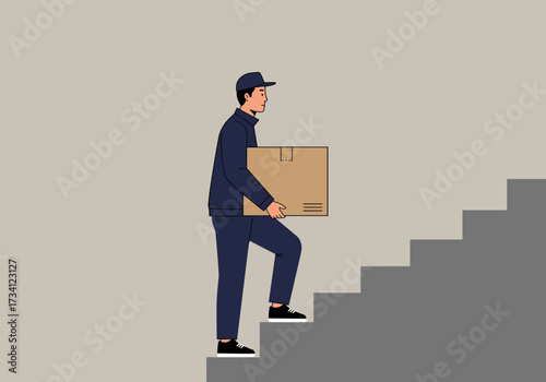 Package delivery action indoor stairs illustrated graphic minimalist environment side view logistics concept