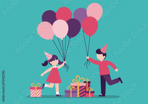Children celebrate birthday with balloons and gifts at a festive party style bright atmosphere joyful scene