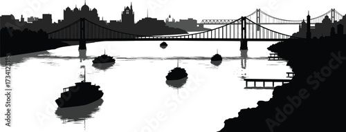 Urban river silhouette with bridges, boats, city skyline—black and white waterfront scene for architecture, transport, and historic design themes