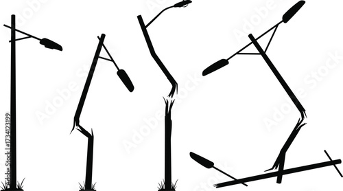 Damaged streetlight silhouette, broken lamp post, bent pole design, collapsed street light, urban infrastructure decay, destruction concept, deterioration illustration, city damage
