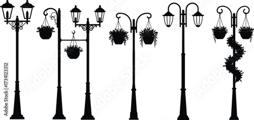 Decorative street lamps silhouette, hanging flower pots, ornate lighting, urban design, city infrastructure, public lighting, landscape detail, garden style, architecture element