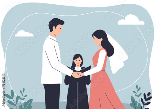 Intimate wedding ceremony outdoor venue illustrative calm atmosphere couple with officiant