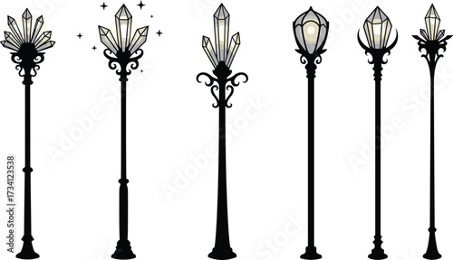 Fantasy crystal street lamp, magical lamp post, ornate decorative design, mystical lighting pole, enchanted lantern, fantasy architecture, imaginative urban light, illustration