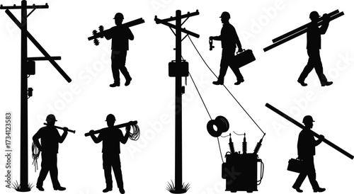 Electrical line worker silhouettes, utility pole maintenance, power line repair, electrician tools, transformer installation, energy infrastructure, industrial safety, outdoor electrical work
