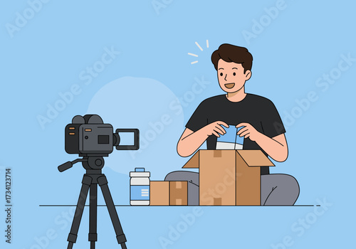 Unboxing exciting products home office video content minimalist environment view engaging concept
