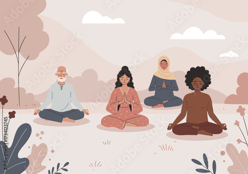 Meditation session with diverse participants in a serene outdoor setting illustrative peaceful atmosphere relaxation concept