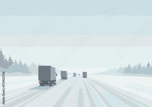 Truck transport amidst winter snowstorm on open highway aerial view cold and challenging conditions