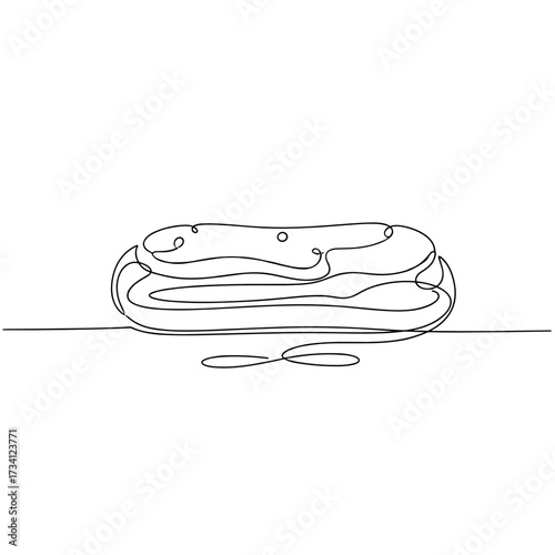 An exquisite éclair pastry, designed in minimalist black ink on a transparent background, styled like a bakery menu or a culinary article.