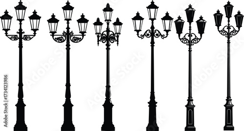Ornate vintage street lamp silhouettes, decorative lantern pole collection, classical urban lighting illustration, heritage architecture artwork, outdoor night design elements