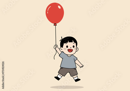 Joyful child holding red balloon in playful setting style fun and whimsical