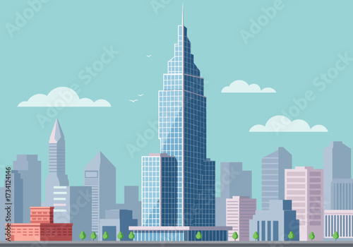 Modern skyscraper design urban cityscape graphic bright environment elevated viewpoint