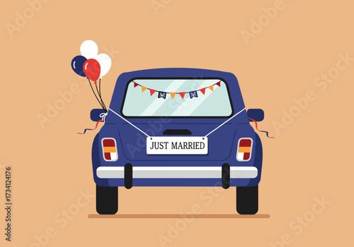 Wedding celebration car with balloons just married sign festive outdoor event rear view love and joy
