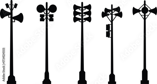 Outdoor warning siren pole silhouettes, emergency alert system, disaster preparedness, public safety speakers, tornado siren, civil defense alarm, urban communication tower, sound broadcast