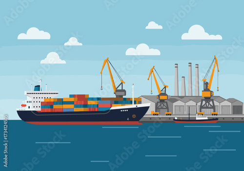 Cargo ship unloading at industrial vibrant waterfront infographic modern maritime scene
