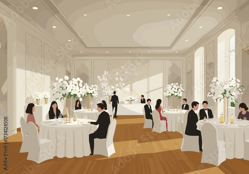 Elegant dinner event formal dining hall illustrative bright atmosphere guests socializing celebration concept