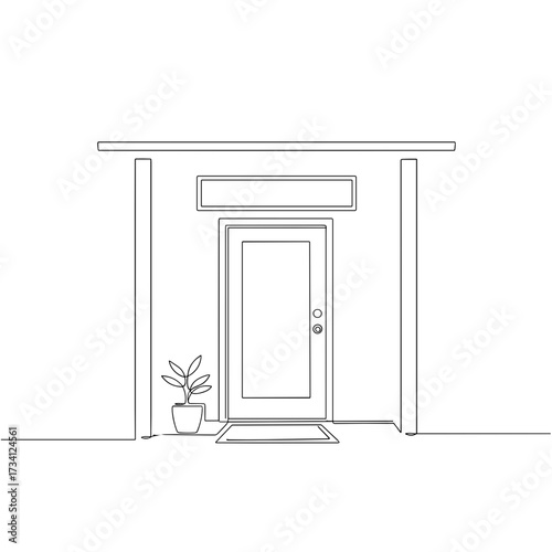 Modern home entryway interior styled designed in minimalist black ink on a transparent background for real estate listing