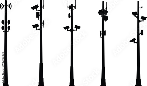 Smart pole silhouettes, utility poles with cameras, antennas, loudspeakers, surveillance devices, wireless communication, smart city infrastructure, urban monitoring