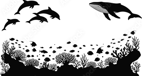 Underwater marine silhouette with dolphins, whale, coral reef, tropical fish, ocean biodiversity vector for nature and sea life themes
