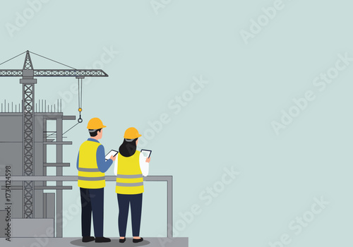 Construction project monitoring by engineers at urban site digital tools professional environment aerial view