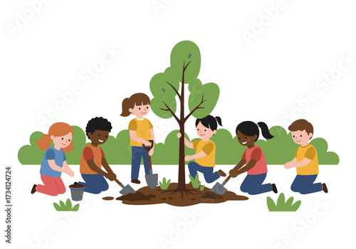Children planting trees together community park outdoor environment engaging activity