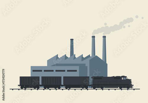 Industrial train transporting goods past factory urban environment side view technology concept
