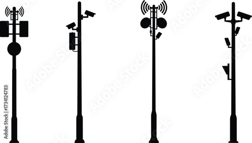 Smart pole silhouettes, utility poles with cameras, antennas, sensors, surveillance technology, urban infrastructure, smart city equipment, communication devices, modern street technology
