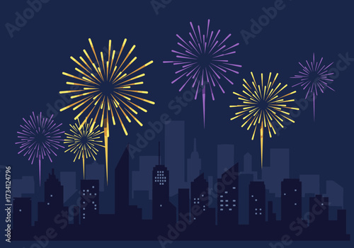 Fireworks display over urban skyline at night celebratory event colorful visuals festive atmosphere aerial perspective
