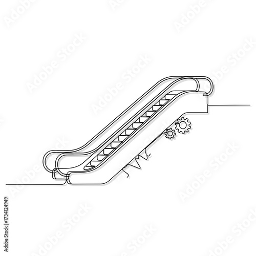 An overhead view of an escalator, an editorial photography of urban life, done in minimalist black ink on a transparent background.