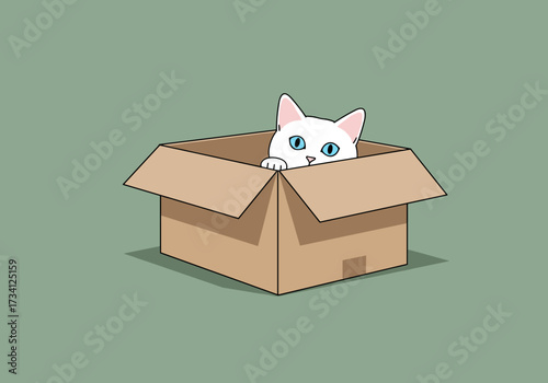 Playful cat peeking from cardboard box cozy indoor setting lighthearted mood