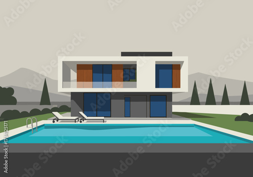 Modern villa design with swimming pool suburban area digital minimalist style aesthetic perspective