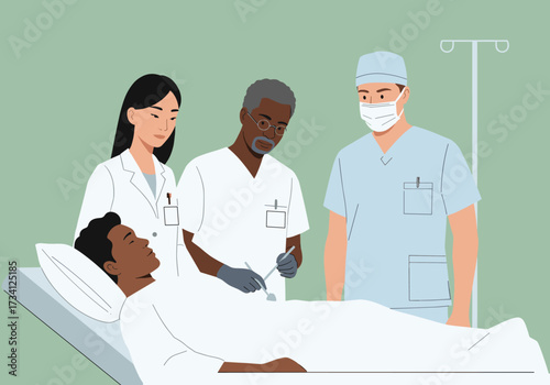 Medical team administering treatment to patient in hospital room illustrative healthcare concept professional environment