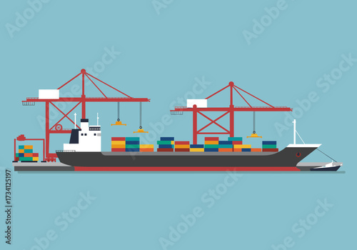 Shipping container loading operation digital maritime aerial view global trade concept