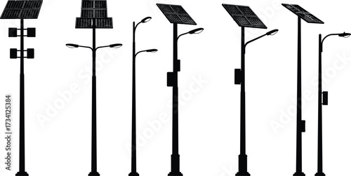 Solar street light design, renewable energy lamp post, sustainable city lighting, solar panel pole, eco friendly infrastructure, modern illumination, urban technology