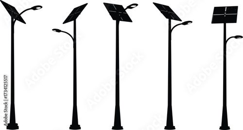 Solar street light silhouette, renewable energy lamp post, sustainable city lighting, angled solar panel pole, eco friendly infrastructure, modern illumination, urban design