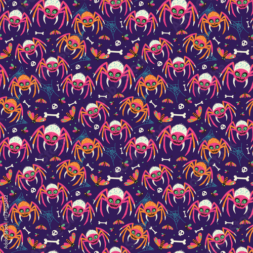 Seamless Halloween pattern with creepy spiders webs and insects vector