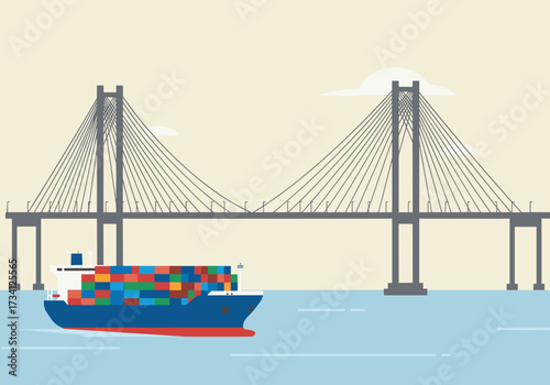 Transporting goods across the bridge coastal shipping scene graphic calm waters aerial view logistics concept
