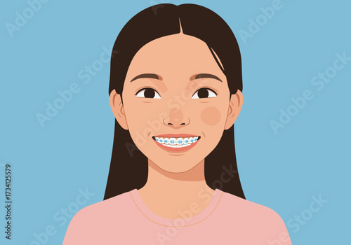 Smiling young girl with braces digital simple background cheerful expression portrait style