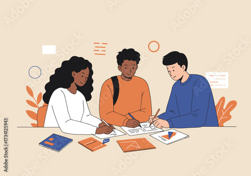 Collaborative teamwork session office professional environment front view creative concept