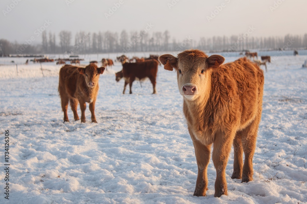 Naklejka premium Winter Scene with Cows and Calves on a Rural Farm: Agriculture and Livestock in a Cold Environment