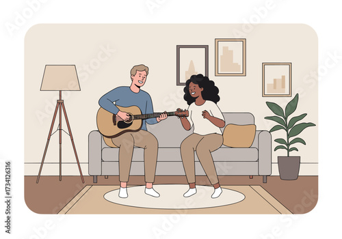 Musical jam session at home cozy living room relaxed environment fun concept