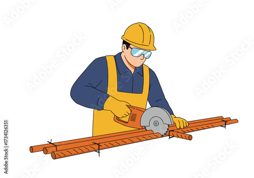 Construction worker operating power saw workshop industrial setting tool usage