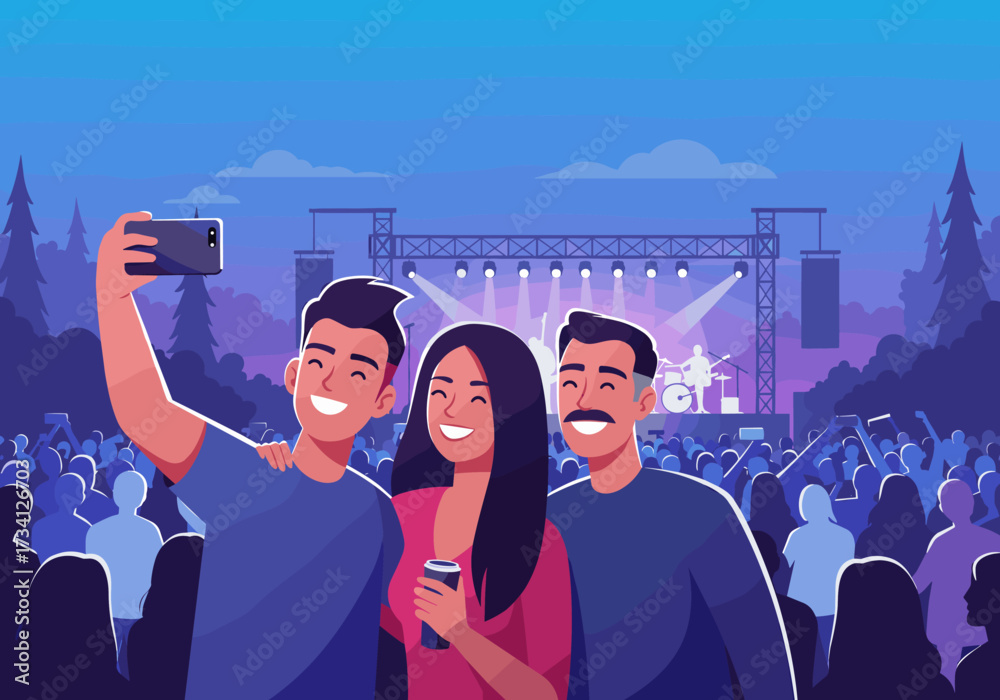 Obraz premium Concert selfie with friends at night festival outdoor event vibrant atmosphere joyful people fun experience