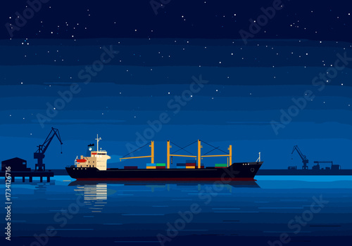 Cargo ship docked at nighttime industrial scene calm water reflection starry sky view
