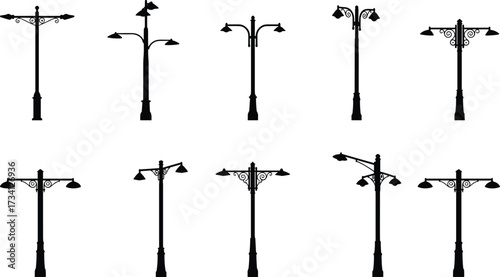 Street lamp silhouette collection, vintage and modern designs, urban lighting illustration, decorative pole artwork, city night architecture elements